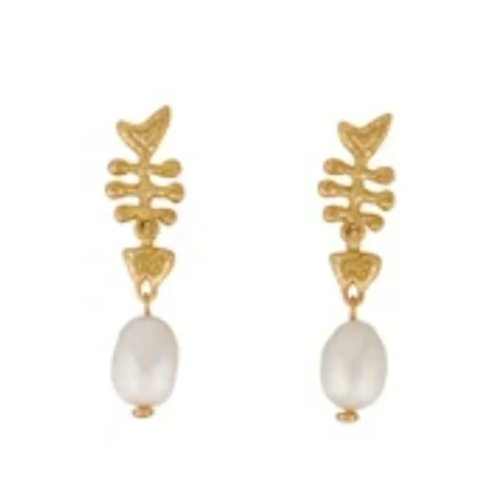 💛▪️Tory Burch ▪️Gold Fishbone Faux  Pearl Drop Earrings